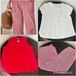 Amazon Essentials Red & White Wide Leg Striped Pants Set with White Top